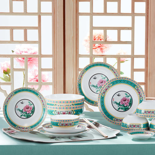 青意牡丹幸福莲藤 新骨瓷28头餐具套组（含竹筷） 商品图4