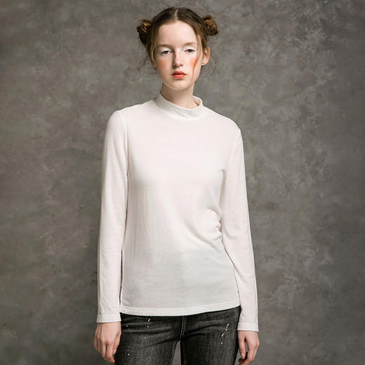 Famecoco范可儿纯色T恤女秋季百搭简约半高领打底衫上衣F216BB009 商品图0