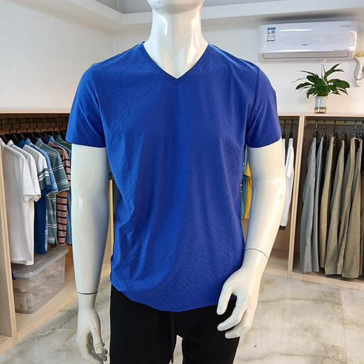 男士时尚修身版V领压纹网格纯色短袖恤衫  CH8S041 商品图0