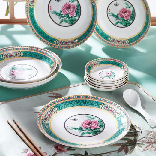 青意牡丹幸福莲藤 新骨瓷28头餐具套组（含竹筷） 商品图1