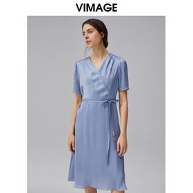 VIMAGE纬漫纪夏季新款V领系带高腰显瘦气质连衣裙长款薄V1507178