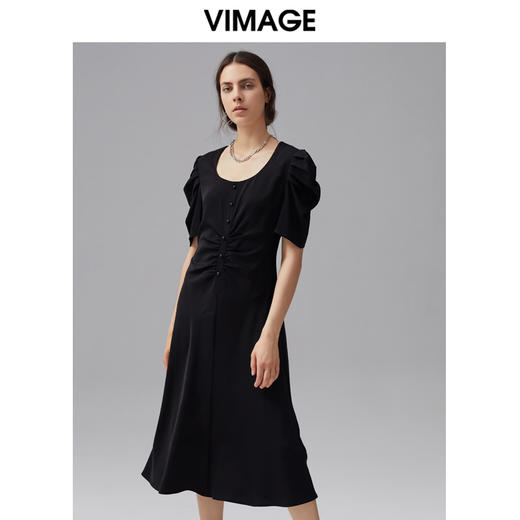 VIMAGE纬漫纪夏季新款雪纺收腰长裙高腰泡泡袖中长款连衣裙V1507192 商品图0