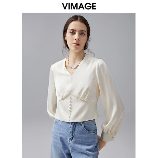 VIMAGE纬漫纪新款时尚通勤V领显瘦百搭小上衣女VC2113214 商品图2