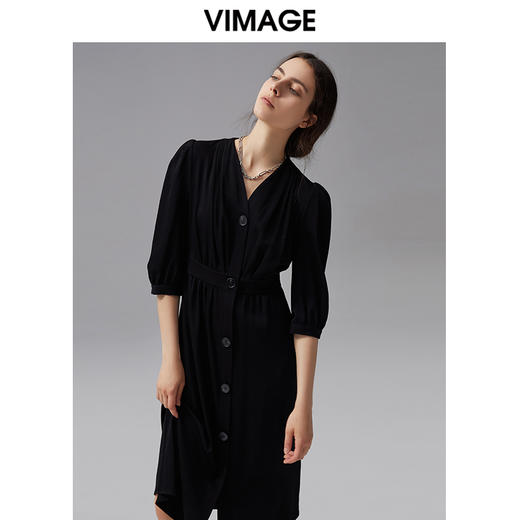 VIMAGE纬漫纪夏季新款V领高腰显瘦气质五分袖连衣裙长款薄V1507176 商品图0