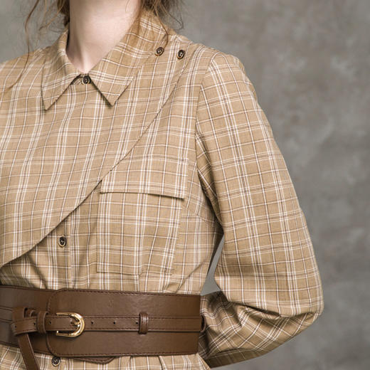 Famecoco范可儿个性格子衬衫女秋薄款腰封收腰衬衣F216BH013 商品图1