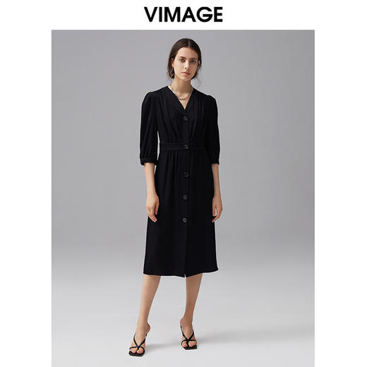 VIMAGE纬漫纪夏季新款V领高腰显瘦气质五分袖连衣裙长款薄V1507176 商品图1