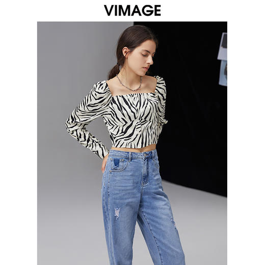VIMAGE纬漫纪夏季新款宽松印花舒适衬衫女衬衣长袖小上衣V1509131 商品图3
