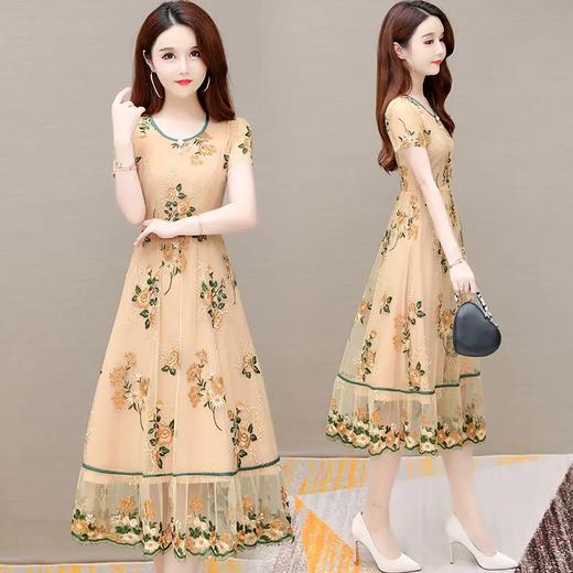 YWE-JLNH-JA145夏新款修身短袖中长款大码气质优雅阔太太刺绣连衣裙 商品图1
