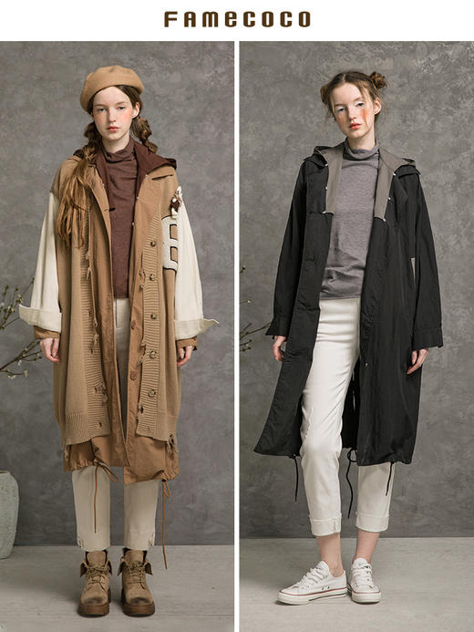 Famecoco范可儿撞色风衣大衣女士秋百搭中长款外套F215AT106 商品图4