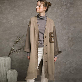 Famecoco范可儿刺绣长款针织开衫女秋长袖拼接外套F215DF100