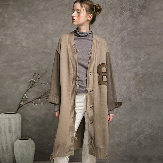 Famecoco范可儿刺绣长款针织开衫女秋长袖拼接外套F215DF100 商品图0