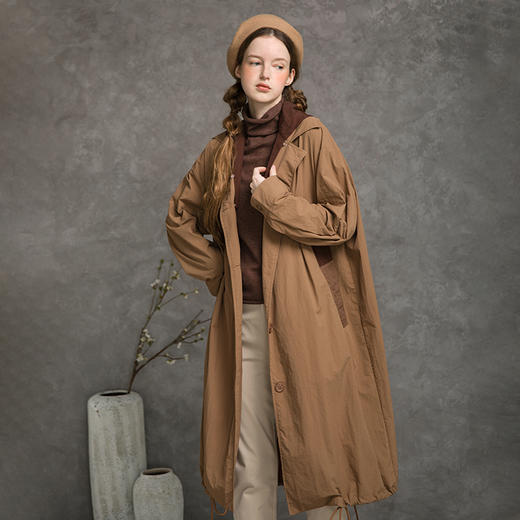 Famecoco范可儿撞色风衣大衣女士秋百搭中长款外套F215AT106 商品图1