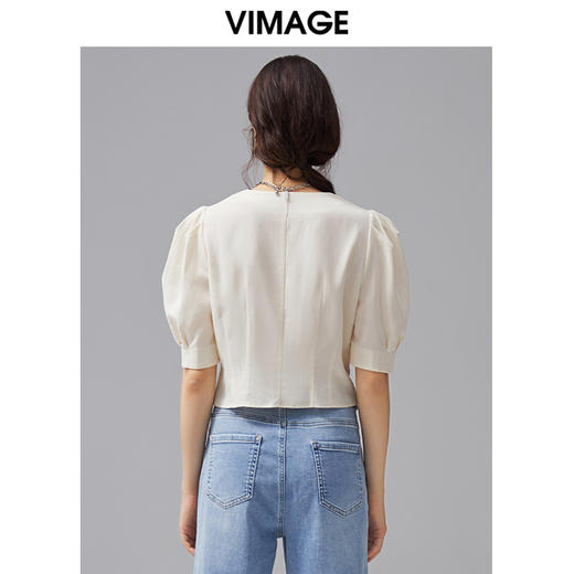 VIMAGE纬漫纪夏季新款V领设计泡泡袖修身短袖小上衣女T恤V1509134 商品图3
