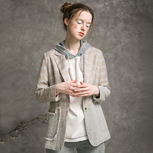 Famecoco范可儿格子西装外套女秋季拼接设计感西服F216AW004 商品图1