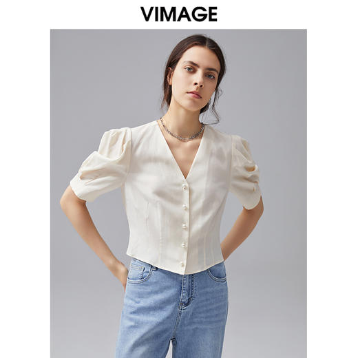 VIMAGE纬漫纪夏季新款V领设计泡泡袖修身短袖小上衣女T恤V1509134 商品图2