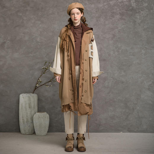 Famecoco范可儿刺绣长款针织开衫女秋长袖拼接外套F215DF100 商品图3