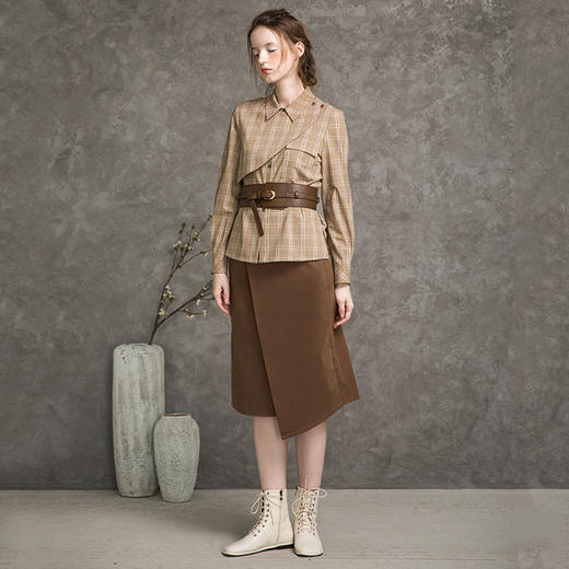 Famecoco范可儿个性格子衬衫女秋薄款腰封收腰衬衣F216BH013 商品图3