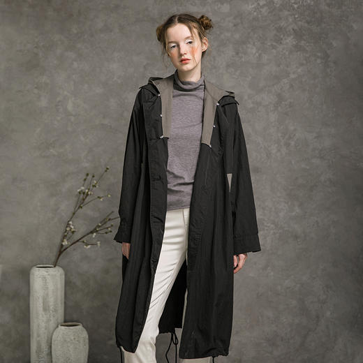 Famecoco范可儿撞色风衣大衣女士秋百搭中长款外套F215AT106 商品图0
