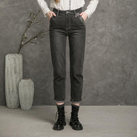 Famecoco范可儿刺绣牛仔裤女秋直筒设计感长裤F216GA009