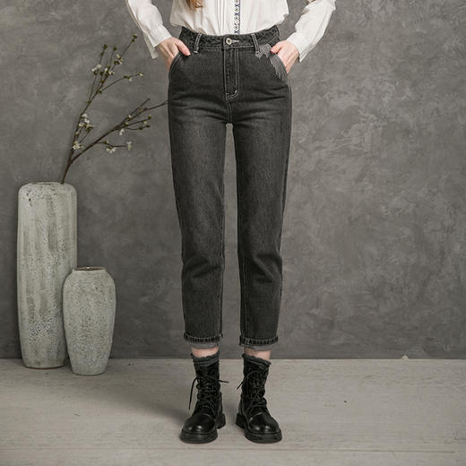 Famecoco范可儿刺绣牛仔裤女秋直筒设计感长裤F216GA009 商品图0