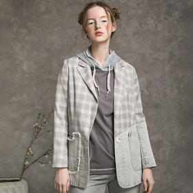 Famecoco范可儿格子西装外套女秋季拼接设计感西服F216AW004