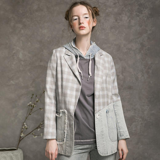Famecoco范可儿格子西装外套女秋季拼接设计感西服F216AW004 商品图0