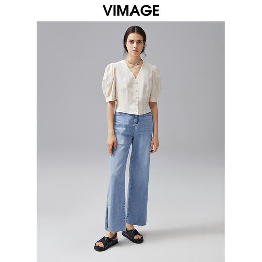 VIMAGE纬漫纪夏季新款V领设计泡泡袖修身短袖小上衣女T恤V1509134 商品图1