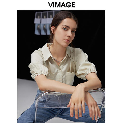 VIMAGE纬漫纪夏季新款通勤百搭时尚泡泡袖T恤衬衫上衣V1509133 商品图0