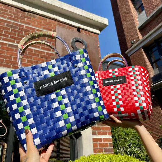 Harris Salome手工编织马赛克拼色菜篮子手提包 商品图0
