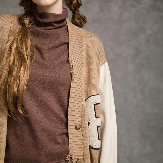 Famecoco范可儿刺绣长款针织开衫女秋长袖拼接外套F215DF100 商品图2