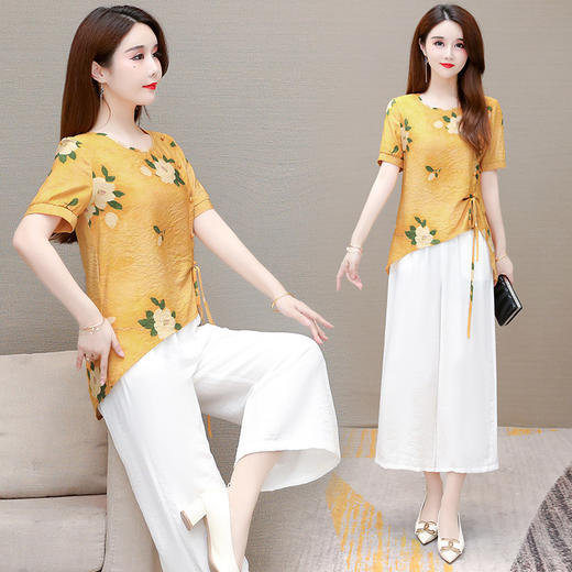 YWE  J122TK印花天丝棉大码阔腿裤套装 商品图0