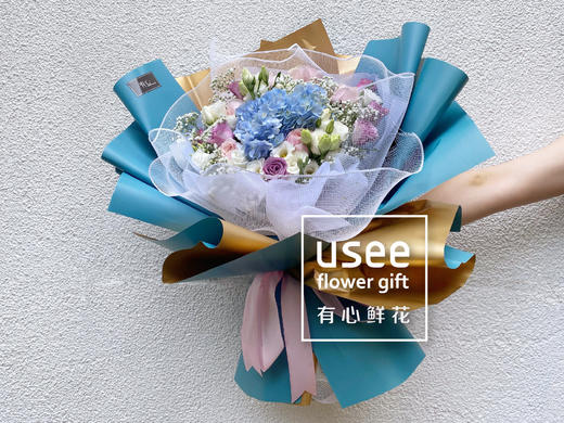 清新初夏 1枝蓝绣球花混搭紫玫瑰花桔梗满天星男生花束生日情人节手捧花 有心鲜花官方旗舰店