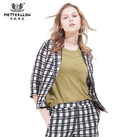 METTE2019夏季新款100%亚麻黑白格子小西装时尚短款百搭商务外套
