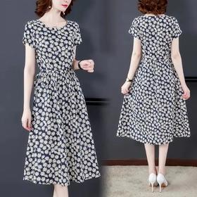 JXG-特价女装清仓短袖印花中长款棉麻连衣裙