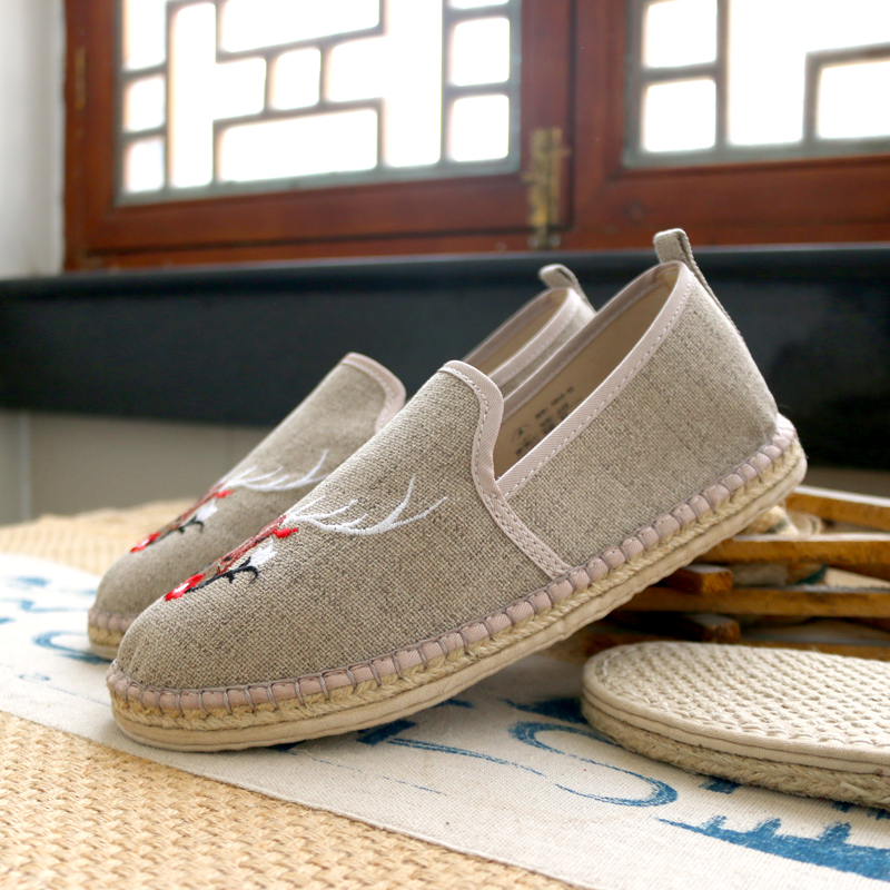 【买麻鞋，雅路人】防脚臭，夏季新款女鞋手工麻鞋时尚刺绣鹿男鞋千层底布鞋1810-10W（注：下单15天发货）