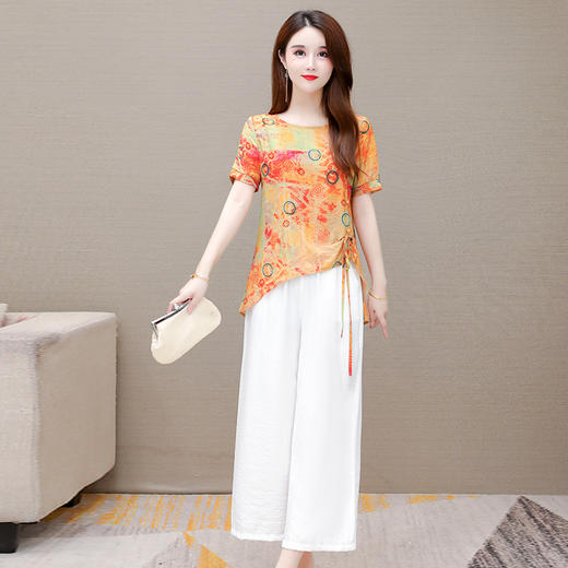 YWE  J122TK印花天丝棉大码阔腿裤套装 商品图1