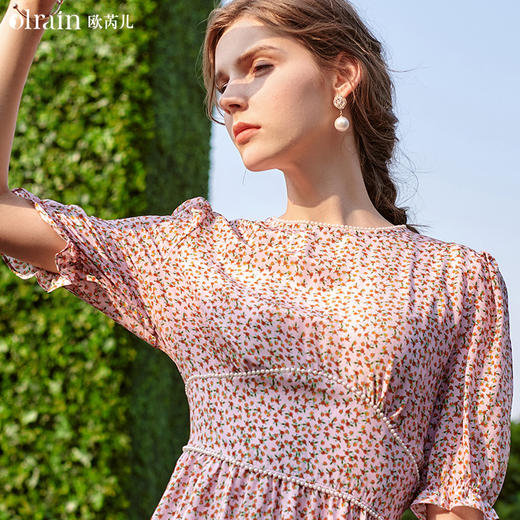 欧芮儿雪纺碎花连衣裙女2021新收腰气质短袖法式长款过膝裙子 商品图1