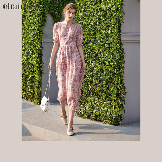 欧芮儿雪纺碎花连衣裙女2021新收腰气质短袖法式长款过膝裙子 商品图0