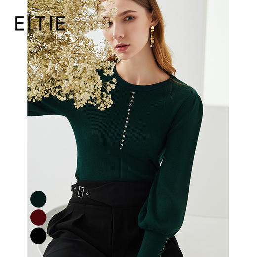 EITIE爱特爱秋季新款优雅宫廷风泡泡袖修身显瘦百搭针织衫女6301001 商品图0