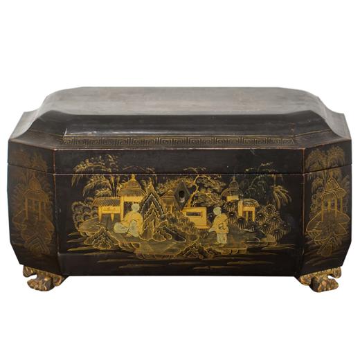 清代 黑漆描金人物八角盒 商品图5