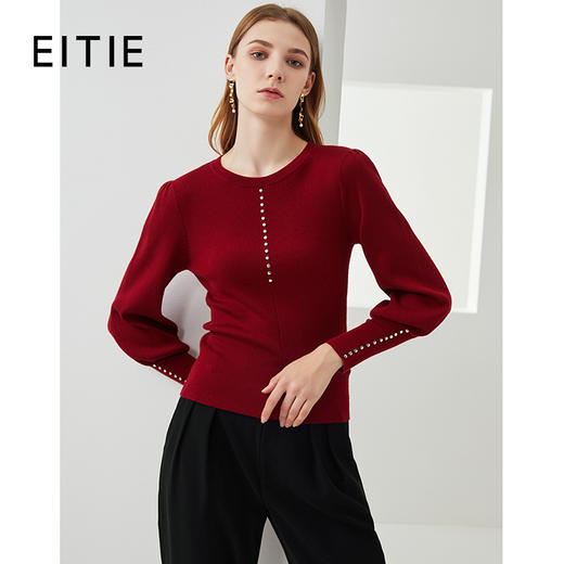 EITIE爱特爱秋季新款优雅宫廷风泡泡袖修身显瘦百搭针织衫女6301001 商品图5