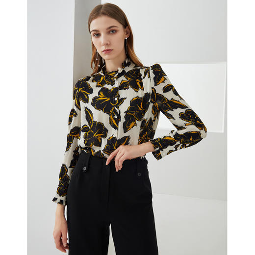 无货下架-EITIE爱特爱秋季新款洋气时尚复古印花气质立领真丝衬衫上衣6309003 商品图3