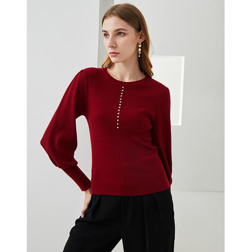 EITIE爱特爱秋季新款优雅宫廷风泡泡袖修身显瘦百搭针织衫女6301001 商品图9