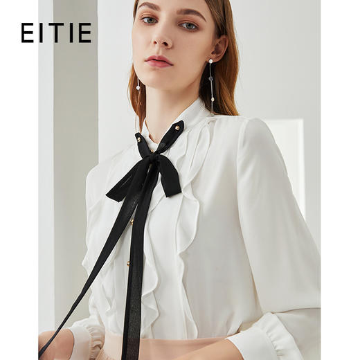 EITIE爱特爱秋季新款复古洋气系带木耳边显瘦衬衫上衣女 商品图0