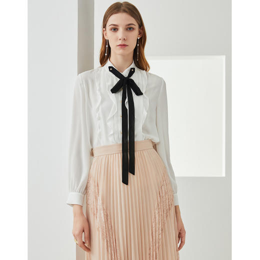 EITIE爱特爱秋季新款复古洋气系带木耳边显瘦衬衫上衣女 商品图2