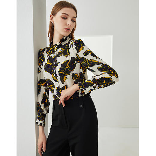 无货下架-EITIE爱特爱秋季新款洋气时尚复古印花气质立领真丝衬衫上衣6309003 商品图2