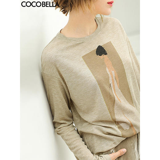 COCOBELLA时尚花纱印花长袖T恤女秋休闲舒适圆领针织衫TS34 商品图1
