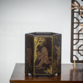 清代 黑漆描金婴戏图六角笔筒