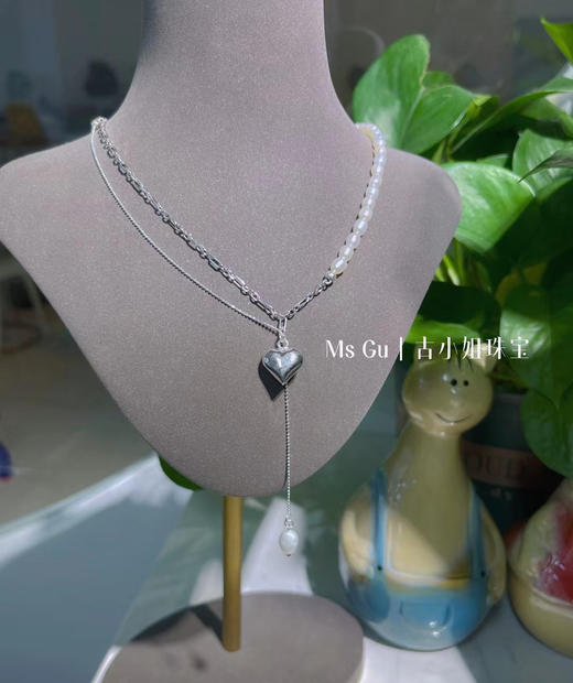 热卖款纯银珍珠项链ins风格不对称的设计很特别的一款爱心项链 商品图1