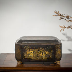 清代 黑漆描金人物八角盒